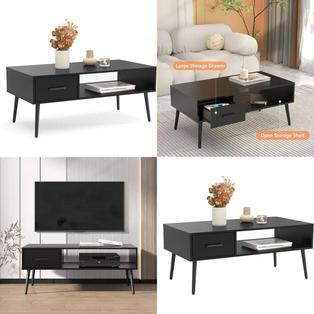 

Современный журнальный столик в стиле Century с выдвижным ящиком, открытой полкой для хранения и ножками из соснового дерева с защитой от царапин для дома, офиса, гостиной - черный