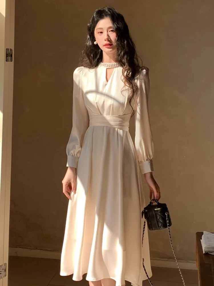 

Women Elegant Vintage Satin Slim Waist Long Sleeves Midi Dress Casual Office Lady V-neck Lace-up Dress Korean Basics Outfits