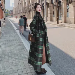 Green Plaid Woolen Coat For Women 2024 Winter New Lady Thicken Temperament Woolen Coats Fashion Korean Belt Female Long Overcoat