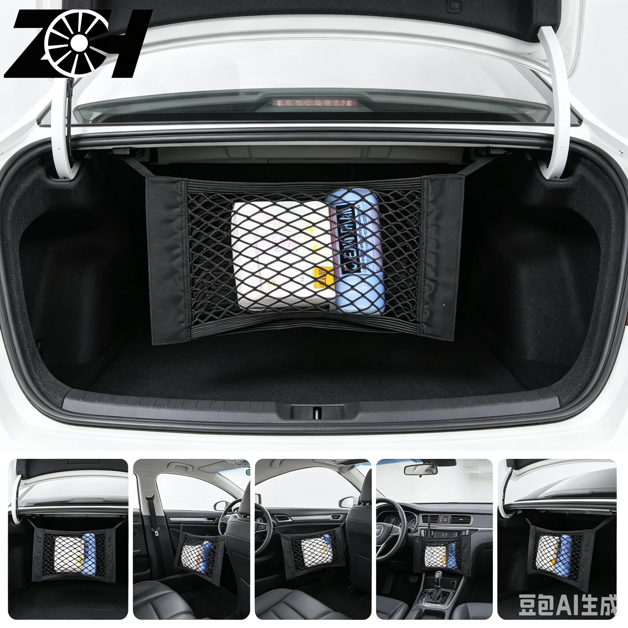 Car Back Rear Trunk Storage Pocket Net Seat Elastic String Net Magic Sticker Mesh Storage Bag Auto Organizer Seat Back Bag