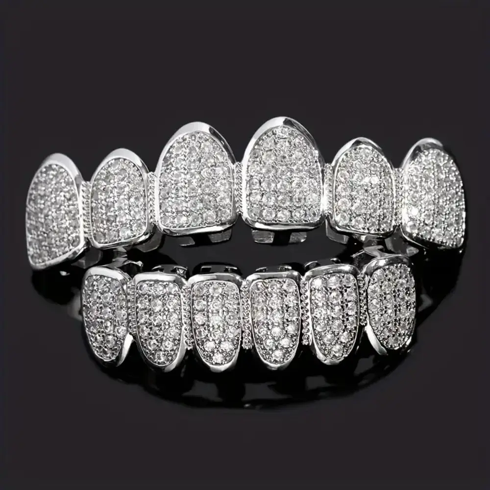 Juego de dientes Grillz para Unisex, parrillas para dientes de Color plateado, tapa Dental extraíble, joyería de diamantes para el cuerpo a la moda Dental