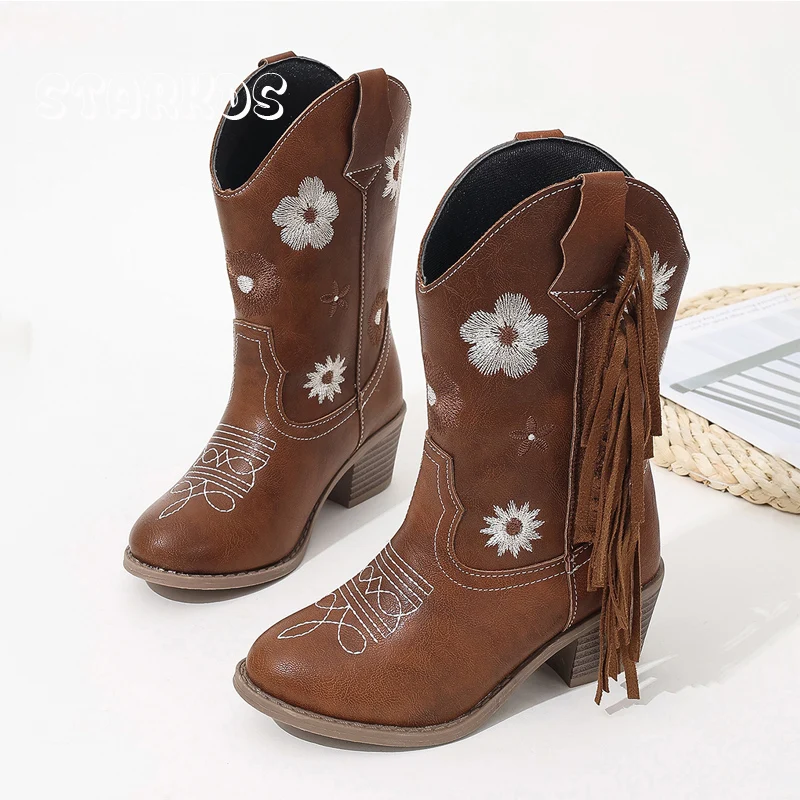 Floral ocidental joelho botas altas meninas qualidade premium deslizamento-on franja cowboy botas longas crianças outono salto alto ponto dedo do pé