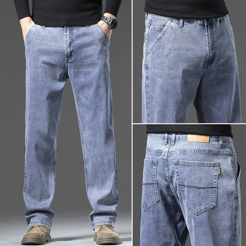 Lyocell-pantalones vaqueros rectos sueltos para hombre, pantalones de negocios Retro de cintura alta, sección gruesa, azul, Otoño e Invierno