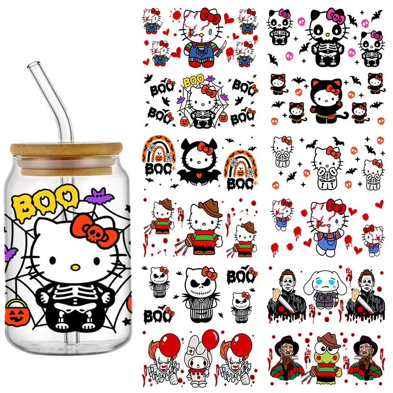 Miniso Halloween Terror Hello Kitty UV DTF Cup Wraps Transfer Sticker For 16OZ Glass Libbey Can Bottle Selfadhesive Washable