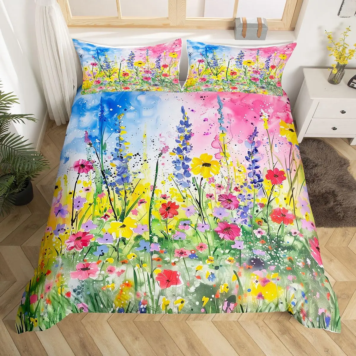 

Watercolor Garden Floral Duvet Cover Set Botanical Bedding Set Spring Flowers Comforter Cover Rustic Vintage Wildflower Bed Set