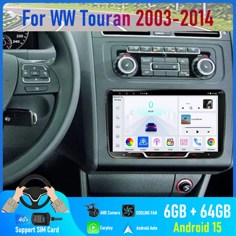 

9'' For VW Touran 2003-2014 Car Radio 4G SIM Android 15 Auto GPS Steering Wifi Wheel Control Head Unit 2DIN Google Map Camera FM