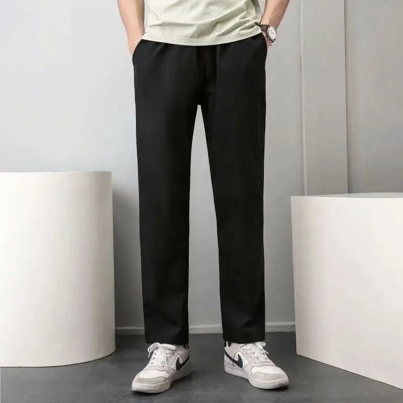 

Mens Black Elastic Waist Straight Leg Pants Casual Slim Fit Lightweight Comfortable Trousers With Side Pockets