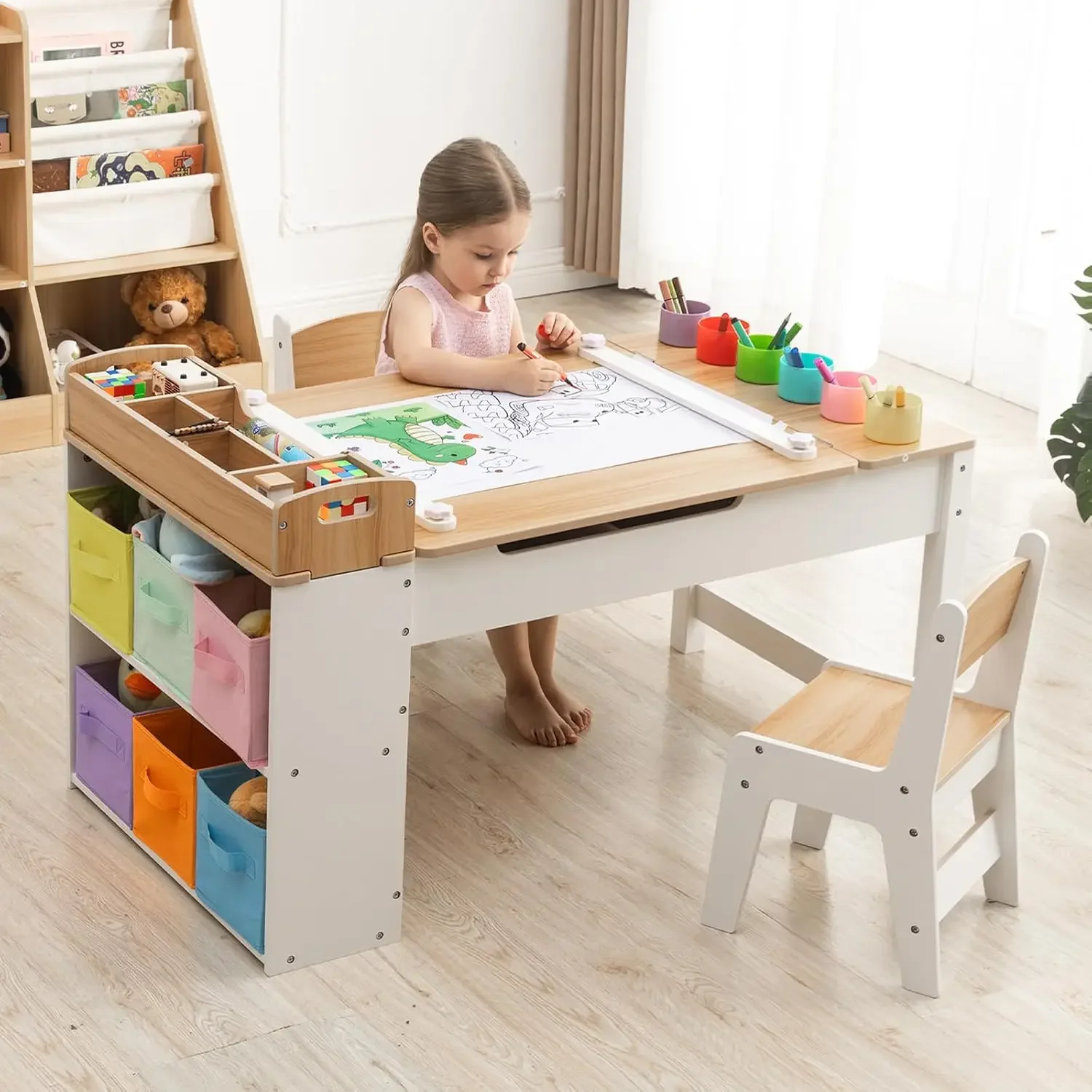 Kids Art Table and Chair Set with 2 Chair & Bins, 44