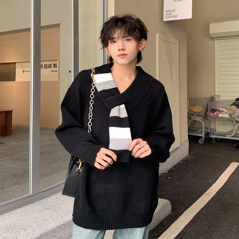 Winter Red Scarf Sweater Men Warm Fashion Casual Knitted Pullover Men Korean Loose Long Sleeved Sweater Mens Jumper Clothes