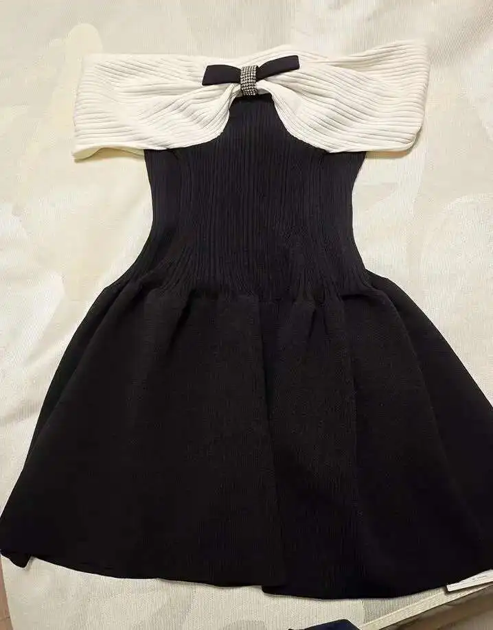 Verão outono diamantes tricô camisola vestido feminino malhas sexy slash neck arco uma linha plissado baile de formatura vestidos curtos senhora