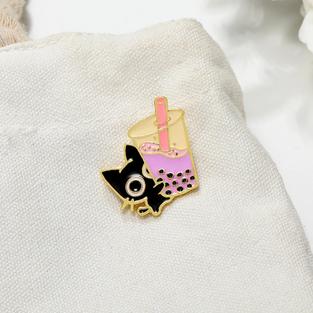 Lovly +Black Cat Hand Bubble Tea Enamel Pins Gold Color Kitty Brooches Gift For Pet Lovers