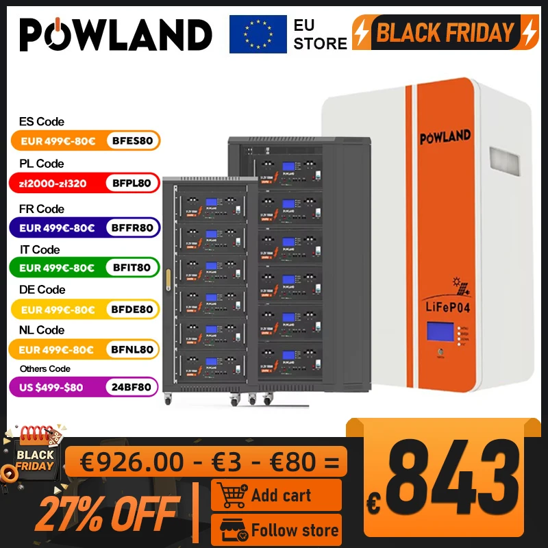 POWLAND 48V Powerwall 51.2V 200Ah 100Ah LiFePO4 Battery 6000+ Cycle CAN RS485 16S BMS 5KWH 10KWH For PV Solar Off/On Grid