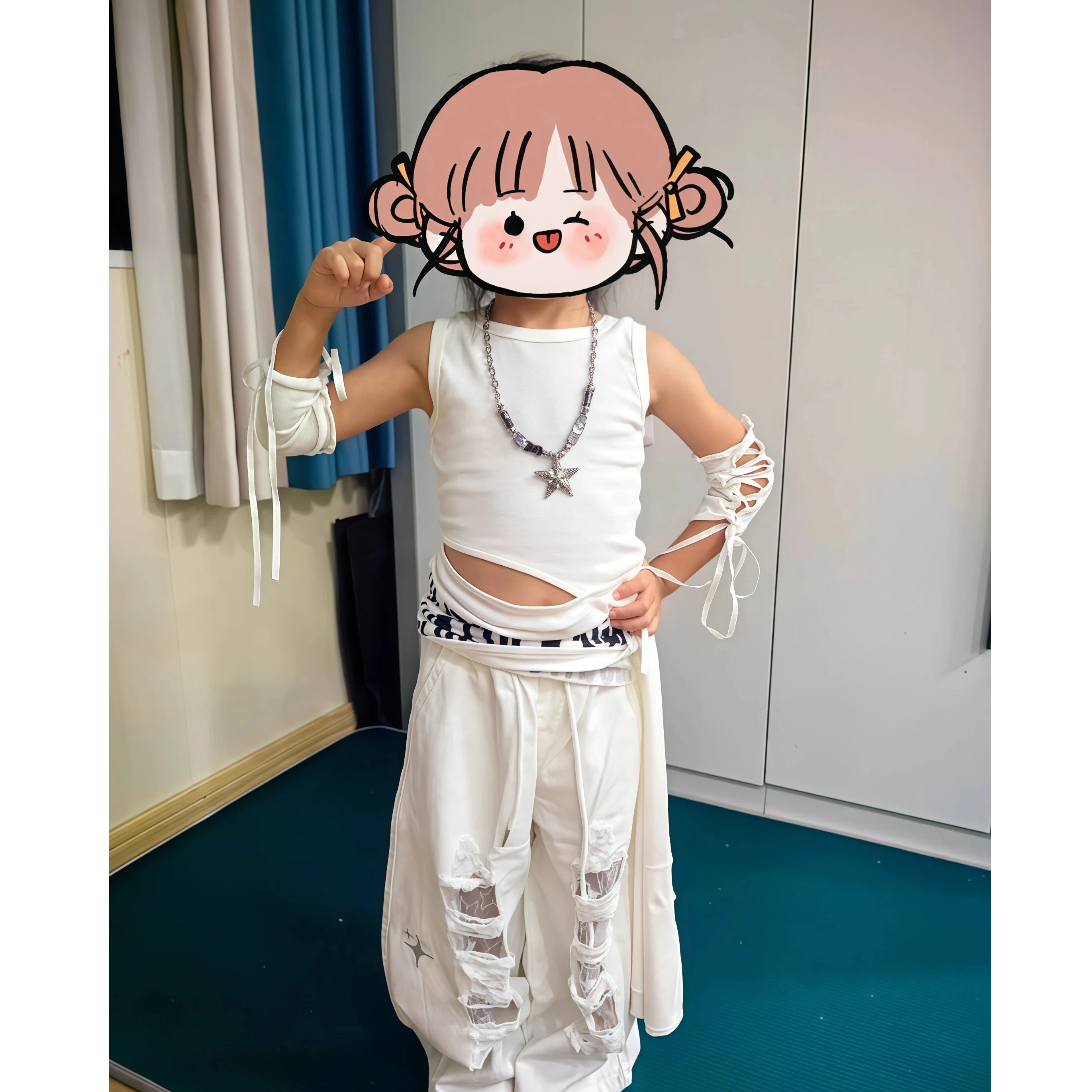 girls-kpop-hip-hop-dance-outfit-set-white-side-cut-out-tank-top-distressed-ripped-pants-kids-jazz-street-dance-wear-for-perf