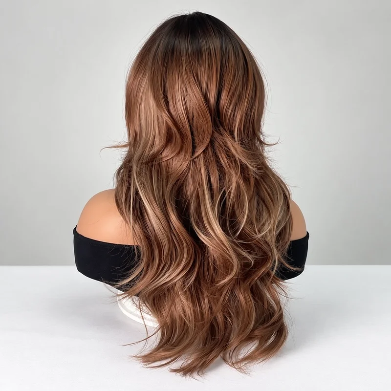 Brown Blonde Ombre Long Wavy Wig for Women with Curtain Bangs Layered Style Machine Made Full Head Wig for Everyday Wear
