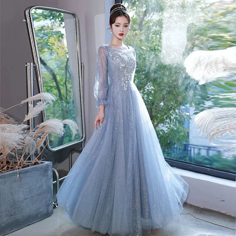 

Long Sleeves Evening Dress Prom Dresses 2025 Sweetheart Lace-up Back Party Dresses Draped Tulle with Applique Beads