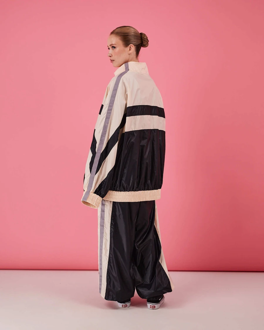 Women Acetate Satin Tracksuit Stand Collar Zip Up Color Block Jacket Elastic Cuff Loose Wide Leg Pants CasualTwoPiece Outfit Set view 5