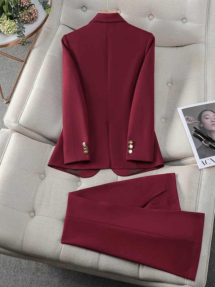 Office Ladies Formal Pant Suit 2 Piece Set Women Green Khaki Red Female Long Sleeve Business Work Wear Blazer Jacket And Trouser