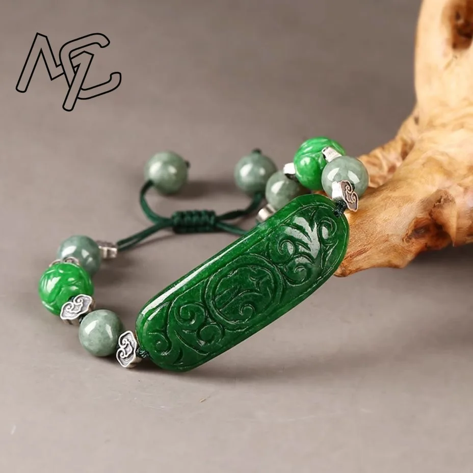 Natural Green Jade Carved Beads Jade Elastic Adjustable Bracelet Jewellery Hand-Carved Relax Healing Women  Amulet Customized