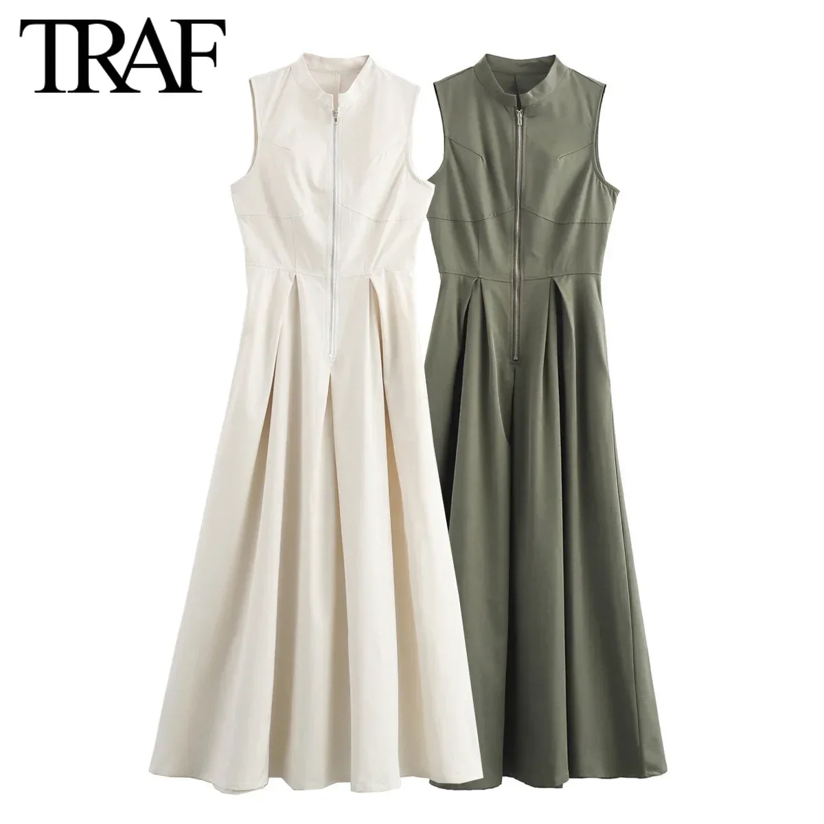 TRAF Women Fashion Summer New Front Zipper Sleeveless Stand Collar Wide Pleated Vest Long Dress Chic Female Elegant Evening