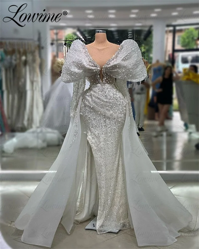 Vestidos de celebridades árabes com pérola marfim, Vestido de casamento, Fenda alta personalizada, Mangas compridas, Vestidos de noite, Cristais Prom Dress, 2023