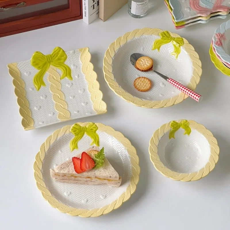 Girl's heart bow lace ceramic plate rice bowl cake snack plate girl's heart plate high value