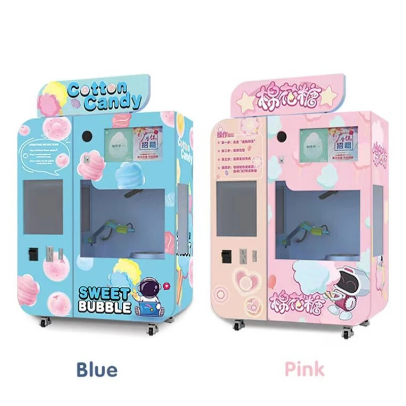 Popular Mall Robot Automatic Cotton Candy Machines Pink Sweet Floss Flower Coin Operated Candy Cotton Vending Machine