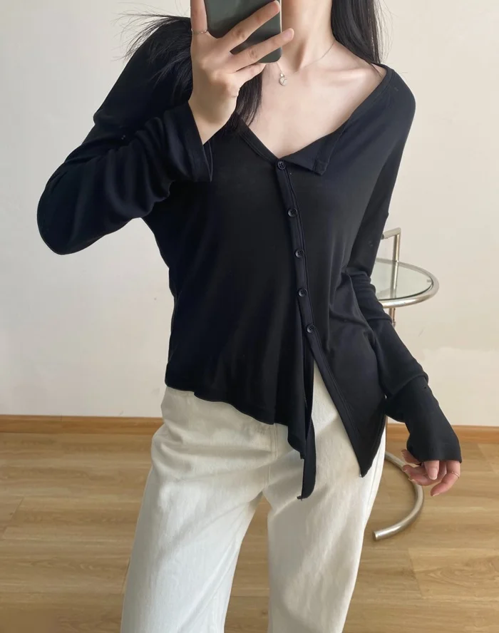 เสื้อยืดแขนยาวผู้หญิงผ้าฝ้ายงานเย็บปะติดปะต่อกันเสื้อทรงหลวมน้ำหนักเบาฤดูใบไม้ร่วงธุรกิจเรียบง่ายหรูหราสไตล์ประจำวันที่เรียบง่าย