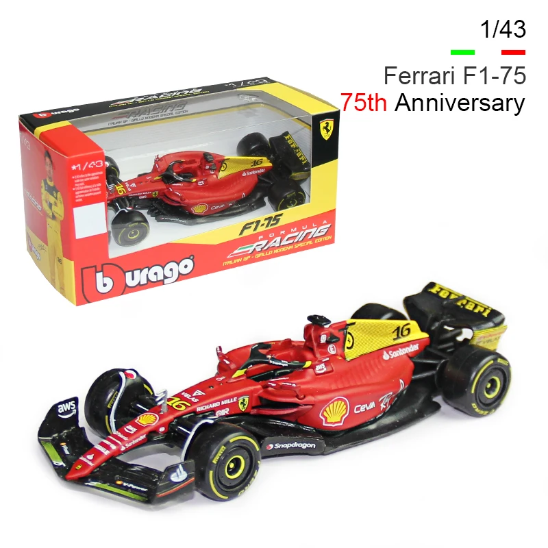 Bburago 1:43 F1 Ferrari F1-75 75th Anniversary #16 Leclerc #55 Sainz Monza Italian GP Alloy Vehicle Diecast Cars Model Toys Gift