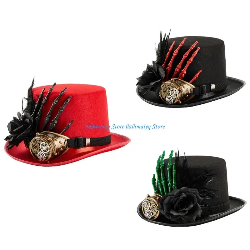 

573B Victorian Theme Gothic Tall Hat with Goggles Skeleton Hand For Carnivals Halloween Costume Event Dressingup Headwear