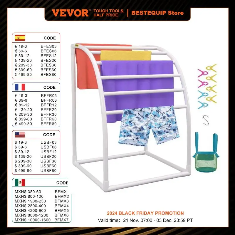 

VEVOR Pool Towel Rack 5/6/7 Bar Outdoor PVC Trapezoidal/Triangular/Curved Poolside Storage Organizer w/ White/Brown Freestanding