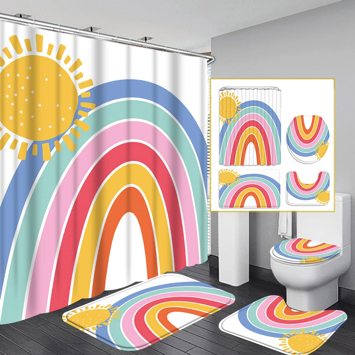 

4pcs shower curtain Bathtub Curtain, Bathroom Partition Curtain with 12 Hooks, Non-slip Bath Blanket, Toilet U-shap