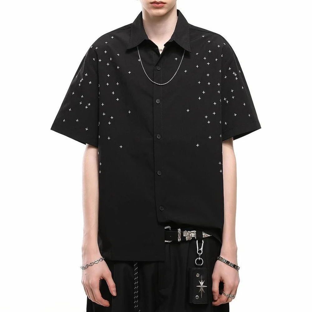 Mens Cross Pattern Color Block Casual Shirt Summer Streetwear Fashion Youth Outdoor Versatile Short Sleeve Top Men'S Clothing