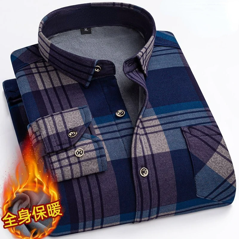 2022 Autumn/Winter New Men\'s Fashion Casual Plaid Long Sleeve Shirt Men\'s Fleece and Thick Warm High Quality Large Size Shirt