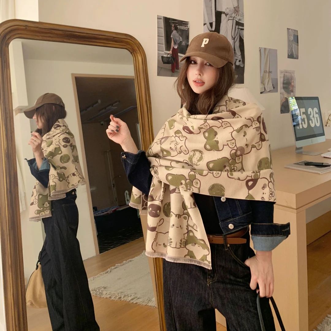 Cute Cat Print Cashmere Feeling Scarf Women Soft Warm Fringe Shawl Multi Wear Hooded Wrap Daily Fashion Winter Neck Scarves view 3
