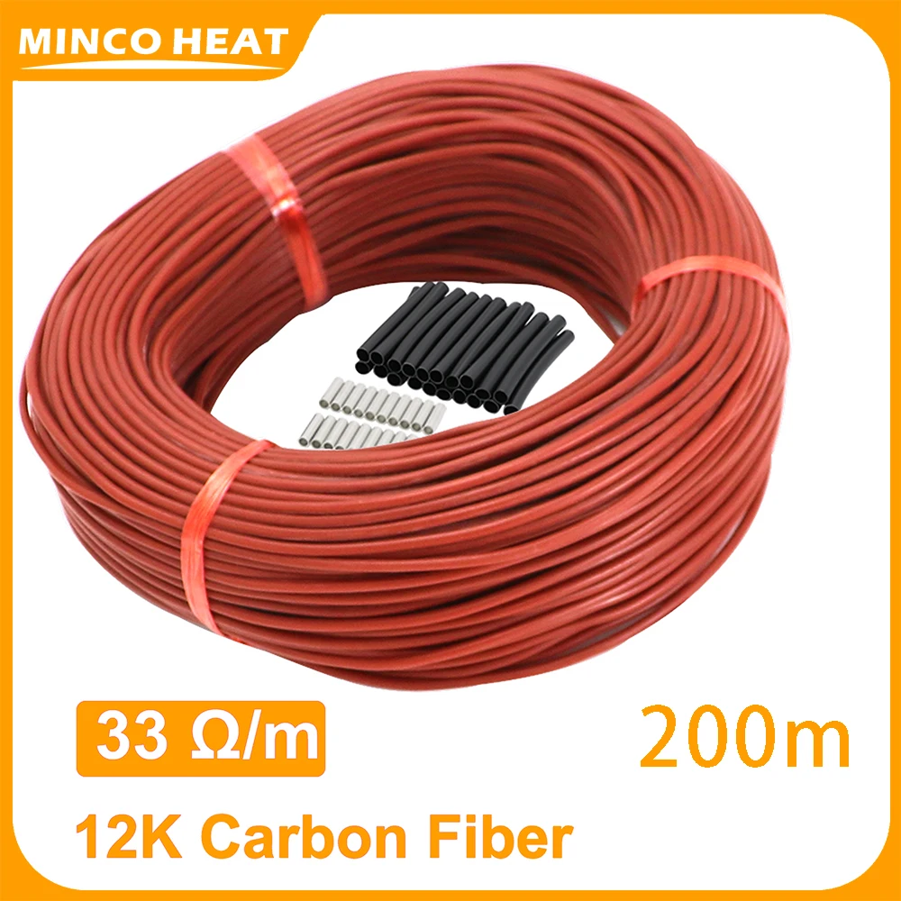 Kabel grzewczy Minco Heat Red z włókna węglowego, ogrzewanie podłogowe na podczerwień, 12K 33 Ohm/m, zestawy do ogrzewania podłogowego, rolka 200 metrów