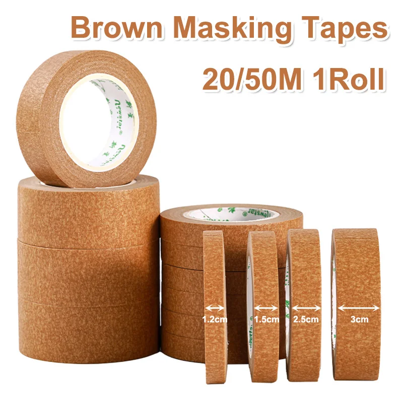 1Roll 20/50M Masking Tapes Brown 12mm-30mm Hand Tear Adhesive Paper for Car Beauty Spray Wall Painting Easy Removal Paint Tape