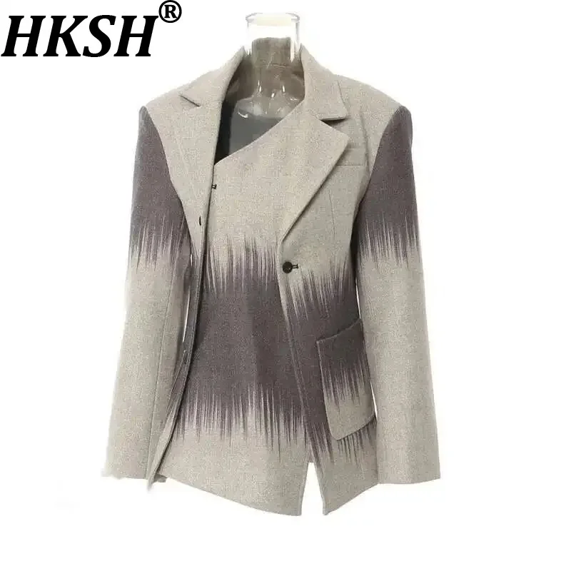 HKSH Autumn Winter New Women Blazer British Style Geometric Printed Asymmetrical Design Slim Fit Elegant Trend Woolen Coat H2803