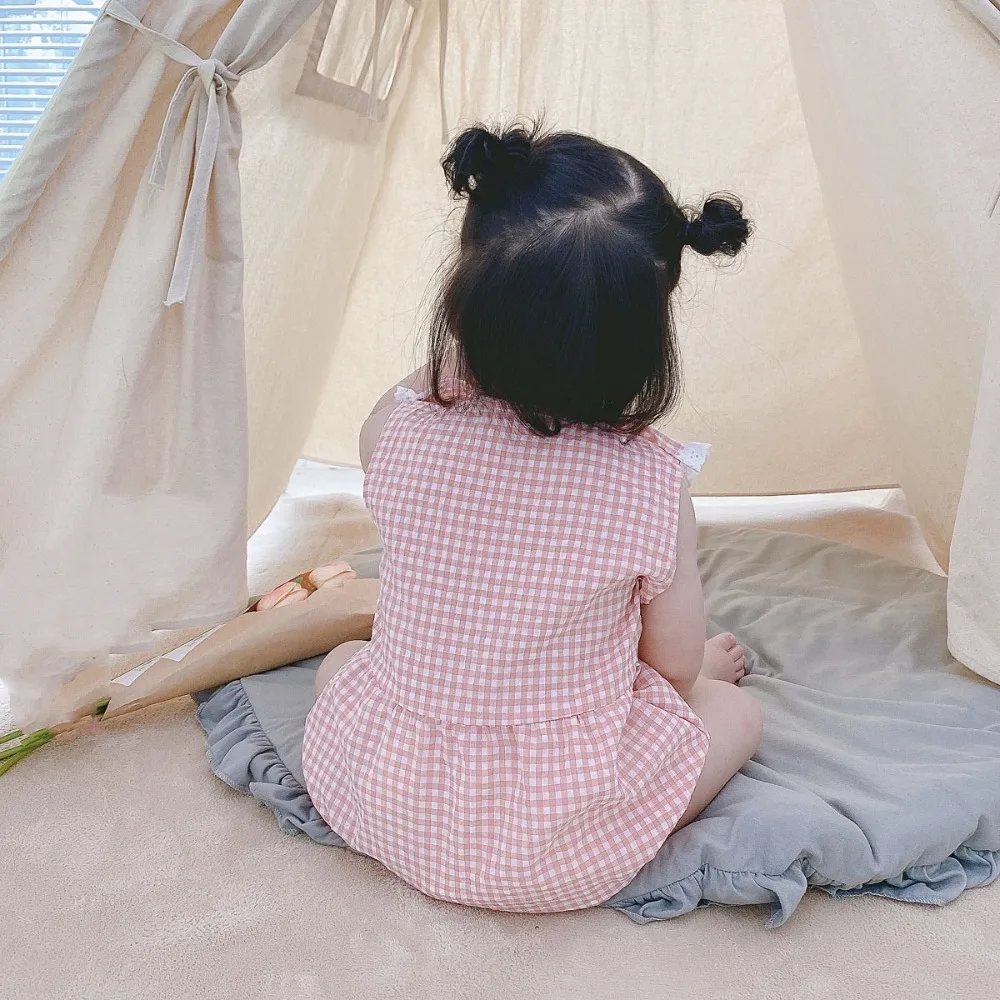 夏の赤ちゃん幼児女の子ジャンプスーツ幼児新生児女の子半袖チェック柄ロンパース服