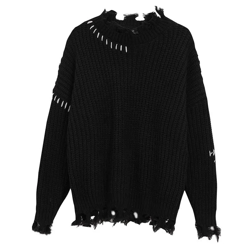 Femme Lazy Loose Irregular Tassels Black Ripped Sweater Women Jumpers Vintage Casual O Neck Long Sleeve Hole Knit Top