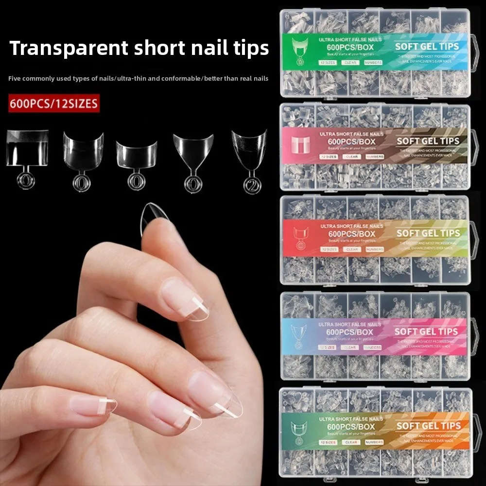 600pcs Ultra-Thin Short Nail Tips No-Trace Short Square Coffin Almond Shape Nail Forms Clear Extension Nail Tips Manicure Tools