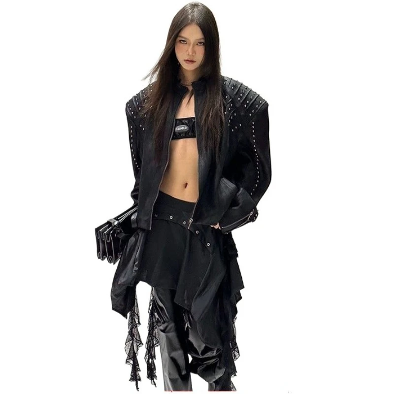 European Spice Girls Shoulder Padded Jacket Women's Guochao Heavy Industry Metal Rivet Stand-Up Collar Motorcycle Clothing Men's