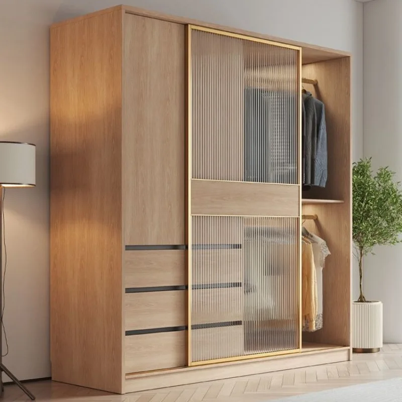 Sliding door wardrobe household bedroom sliding door small apartment log color glass door large wardrobe
