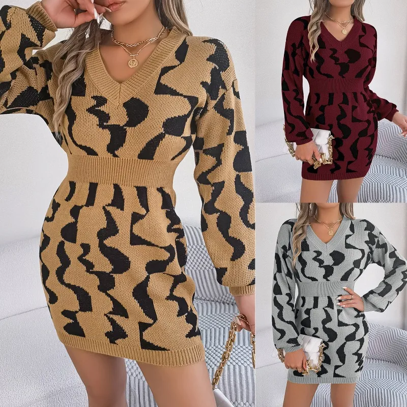 

2023 New Women's Casual Knitted Sweater Dress Autumn and Winter Long Sleeve Elegant Women's Dress Sexy Office V-neck Mini Dress