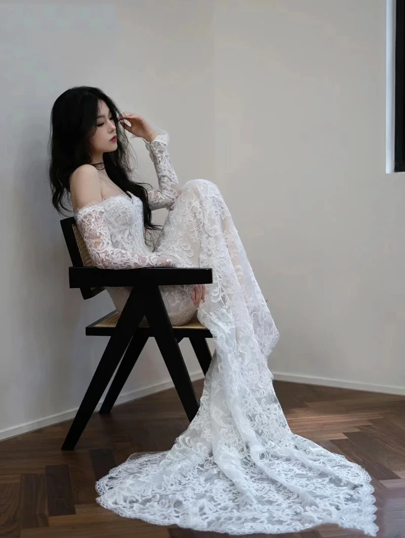 

Newest Elegant Wedding Dress Mermaid Lace For Bride With Long Sleeves Off The Shoulder Customize Plus Sizes Vestidos De Novia