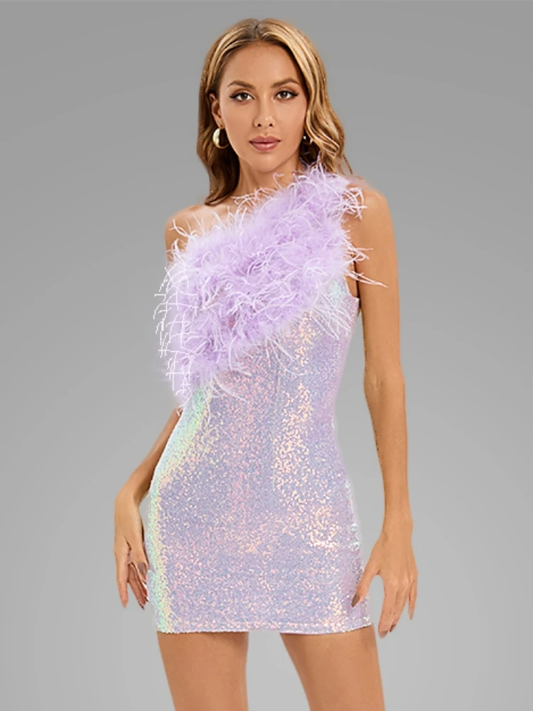 Sexy One Shoulder Shiny Sequin Feather Bodycon Mini Dress Elegant Lavender Sleeveless Backless Dress Designer Party Club Dress