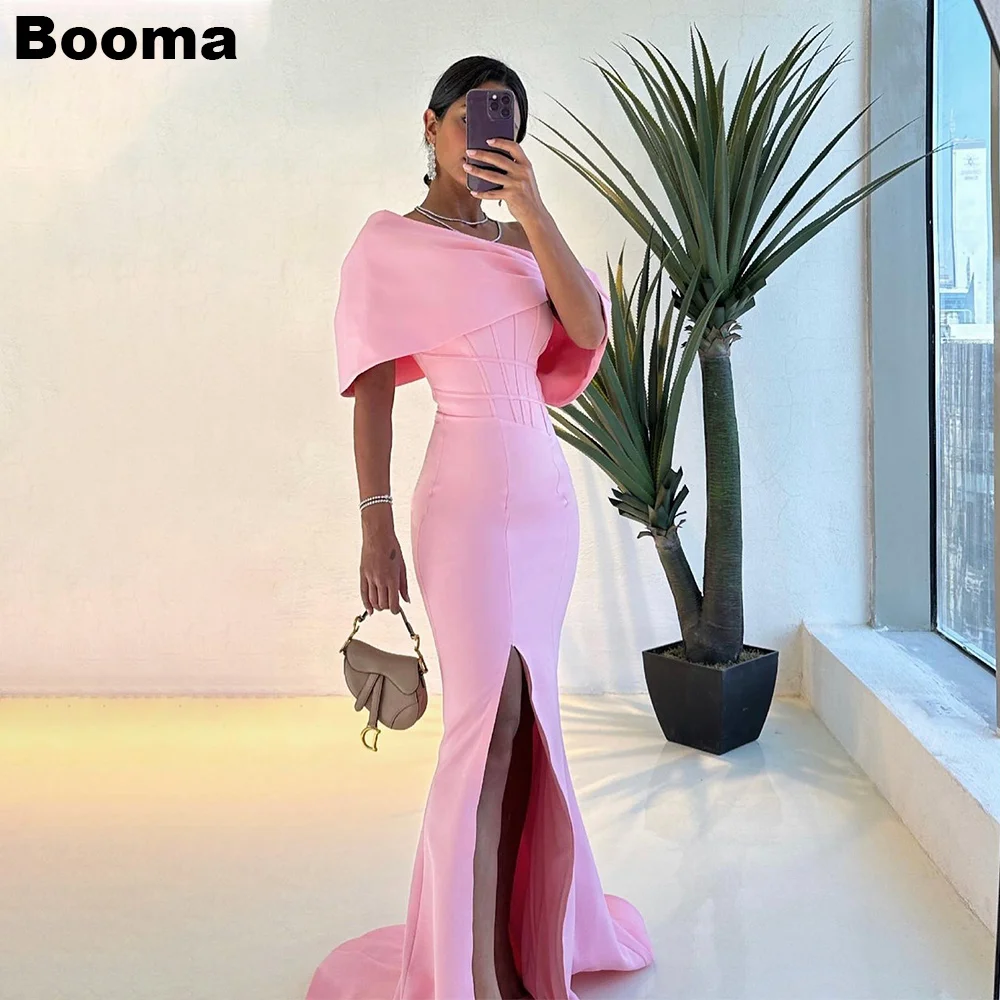 Booma Pink Mermaid Evening Dresses One Shoulder Stain Formal Party Gowns for Women Side Slit Prom Dress Wedding Guest Dress