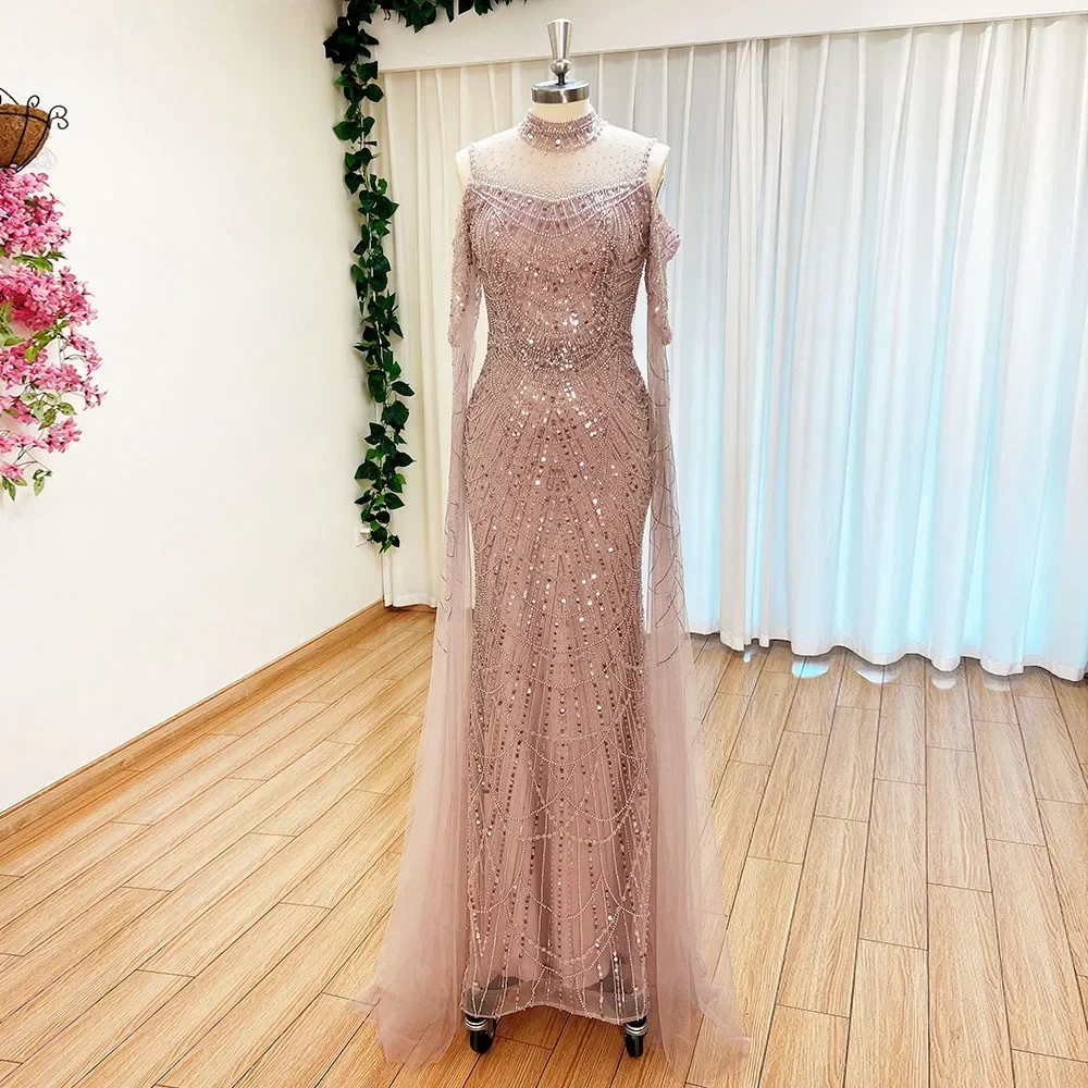 Customized Elegant Mermaid Evening Dress With Cape Sleeves 2024 For Women Beads Pearls High Neck Long Formal Prom Wedding Party