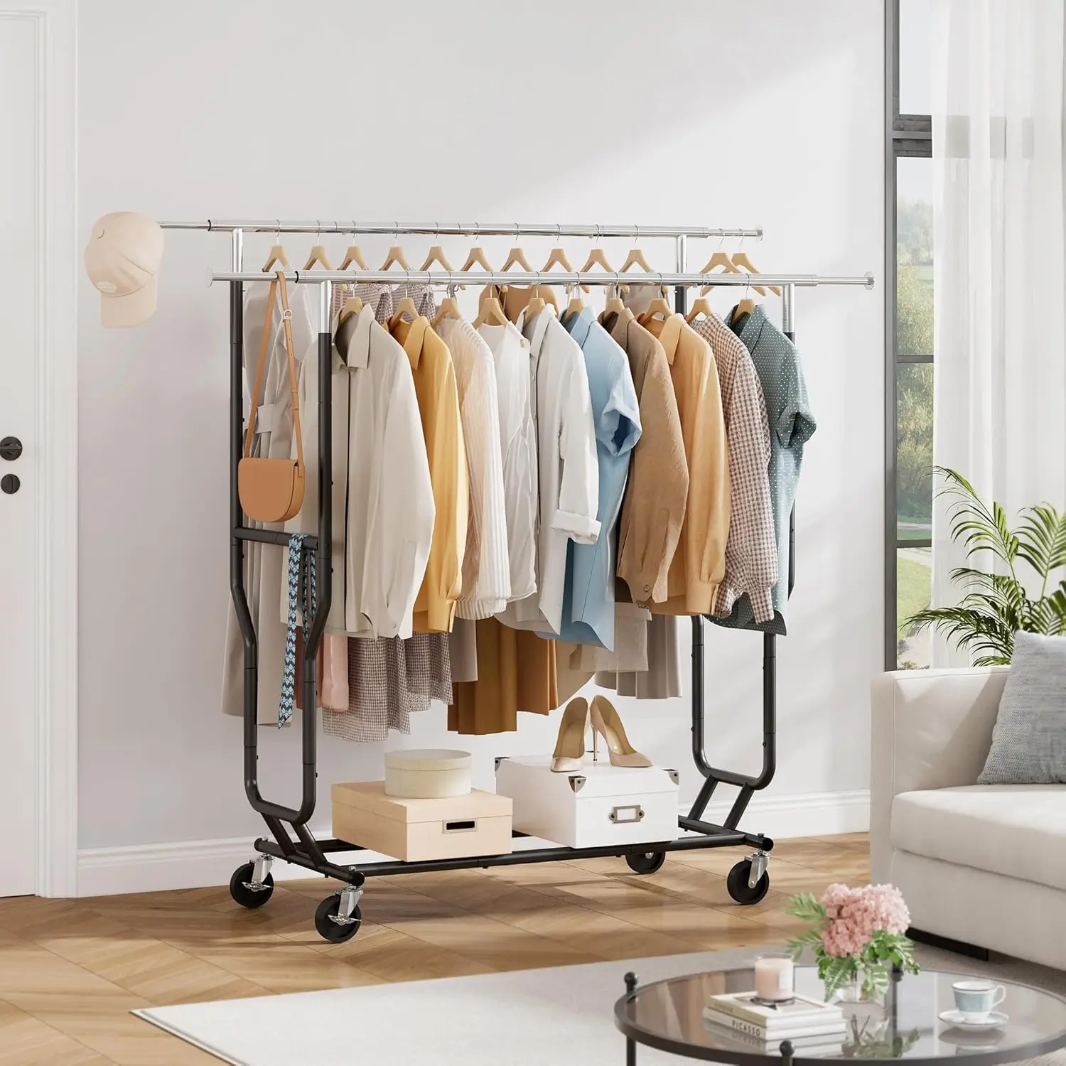 Tajsoon Clothes Rack Heavy Duty Rolling Garment Rack With Wheels And Extendable Double Rods, Collapsible Clothing Racks For