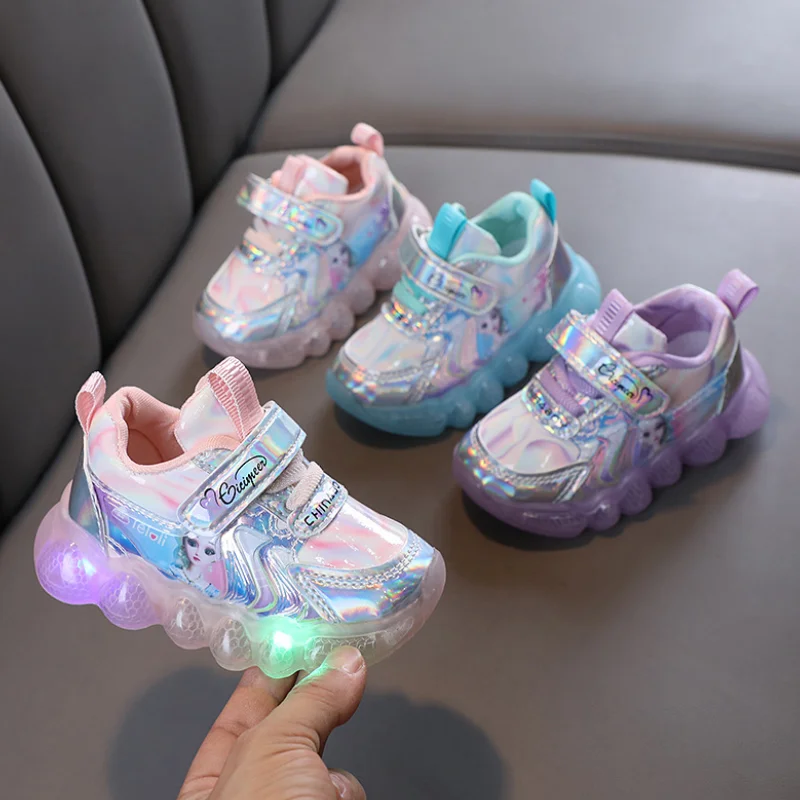 Disney Fashion New Style Children Led Shoes Popular Brand Kids Girls Sneakers Elsa Princess Lighting Shoes Casual Sports Shoes