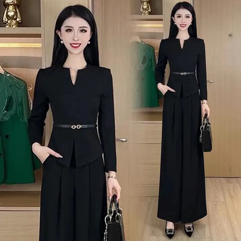 Elegant Slimming Waist V-Neck Top Wide Leg Pants Two-Piece Set Women's Fashion Autumn 2025 Long Sleeve Long Pants Ensemble